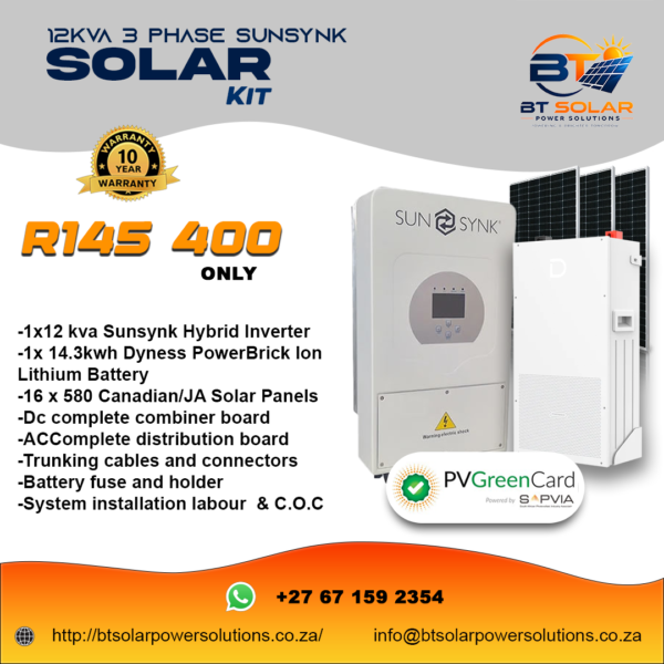 12 kva 3 phase Sunsynk Solar system